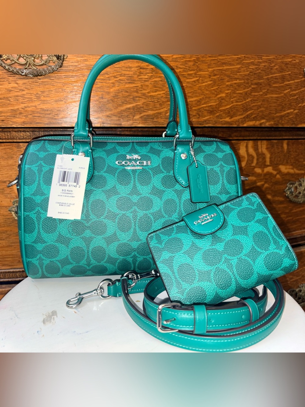 NWT Coach Rowan Satchel & Crossbody plus Corner Zip Wallet in Bright Jade Green